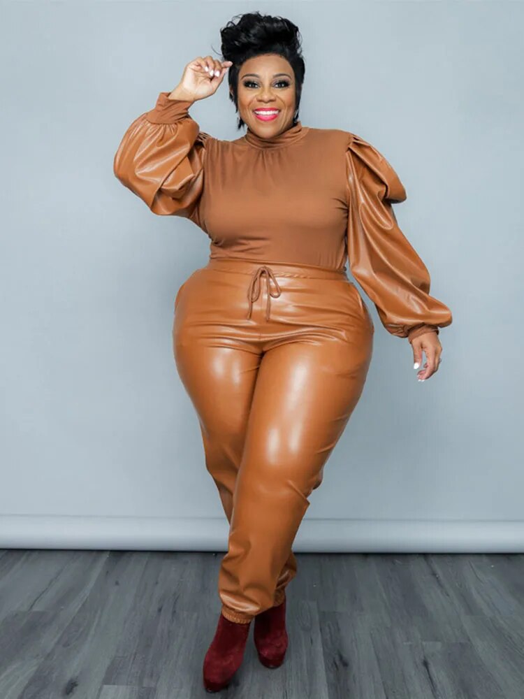 2-Piece Streetwear Suit: Knit Top and PU Leather Pants