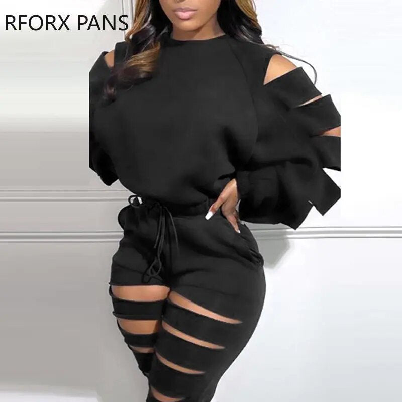 Women Solid Casual Crop Top Long Sleeves Hole Drawstring Asymmetrical Ankle Length Pants Sets