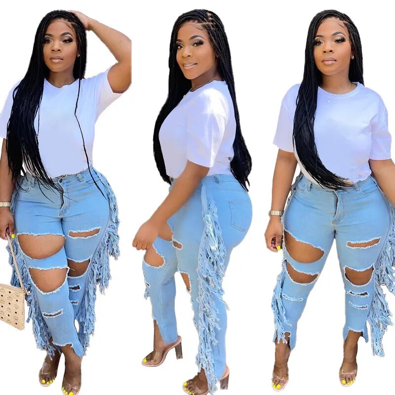 Streetwear Women Plus Size Ripped Jeans 2021 High Waist Hollow Out Light Washed Tassels Denim Pencil Pants