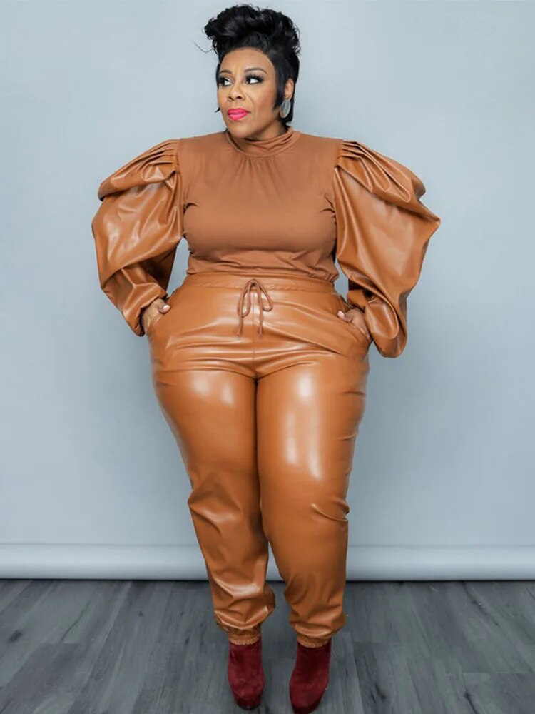 2-Piece Streetwear Suit: Knit Top and PU Leather Pants
