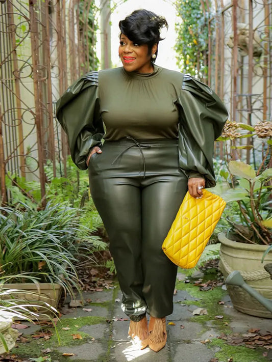 2-Piece Streetwear Suit: Knit Top and PU Leather Pants