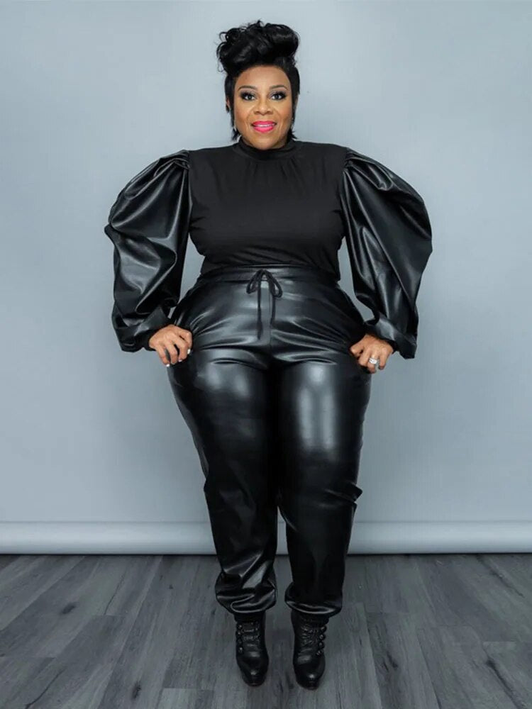 2-Piece Streetwear Suit: Knit Top and PU Leather Pants
