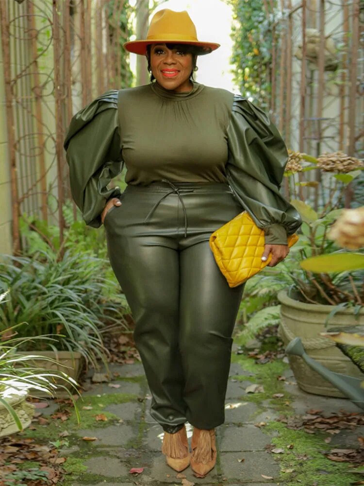 2-Piece Streetwear Suit: Knit Top and PU Leather Pants