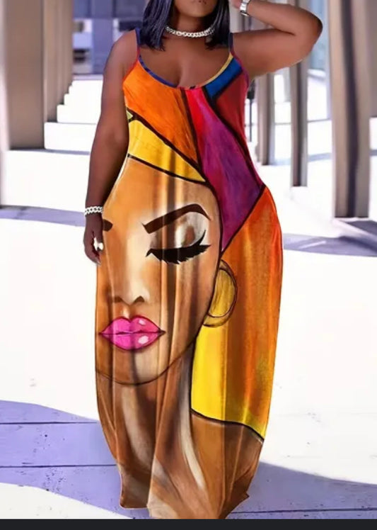 Sculpted Elegance: Hourglass Letter Print Spaghetti Strap Dress