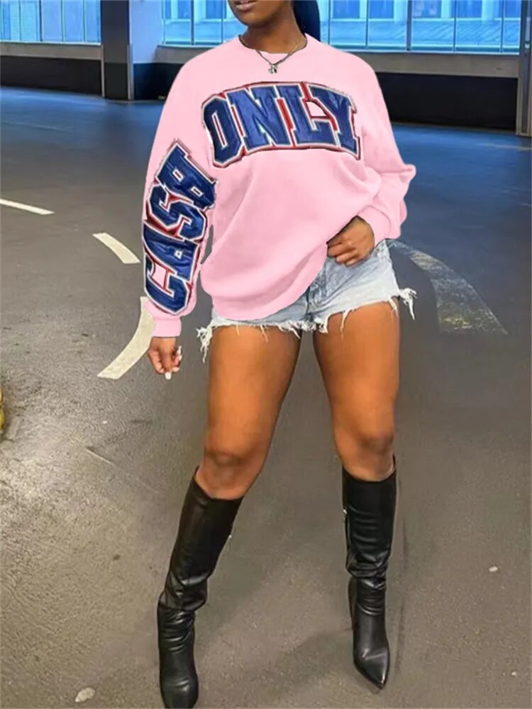 Y2K Streetwear Print Baggy Sweatshirt: Long Sleeve Top in Blue and Pink