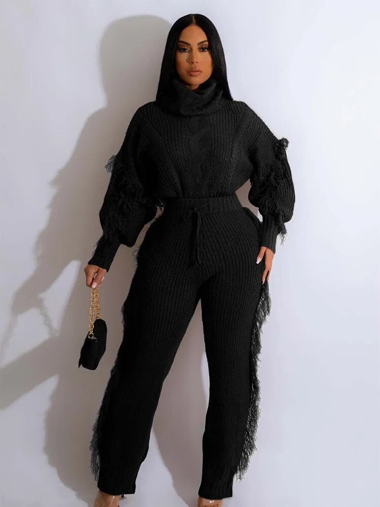 Tassel Knit 2-Piece: Puff Sleeve Sweater & Pants Set for Elegant Warmth.