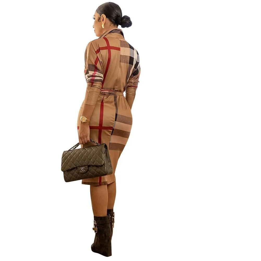 Plaid Perfection Midi: Summer Fashion Turn-Down Collar Shirt Dress with Belt, Long Sleeve Elegance for Office Chic