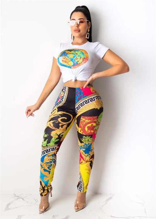 Summer Synchrony Set: Women's Printed Short-Sleeved T-shirt and Fashionable Casual Pants Ensemble