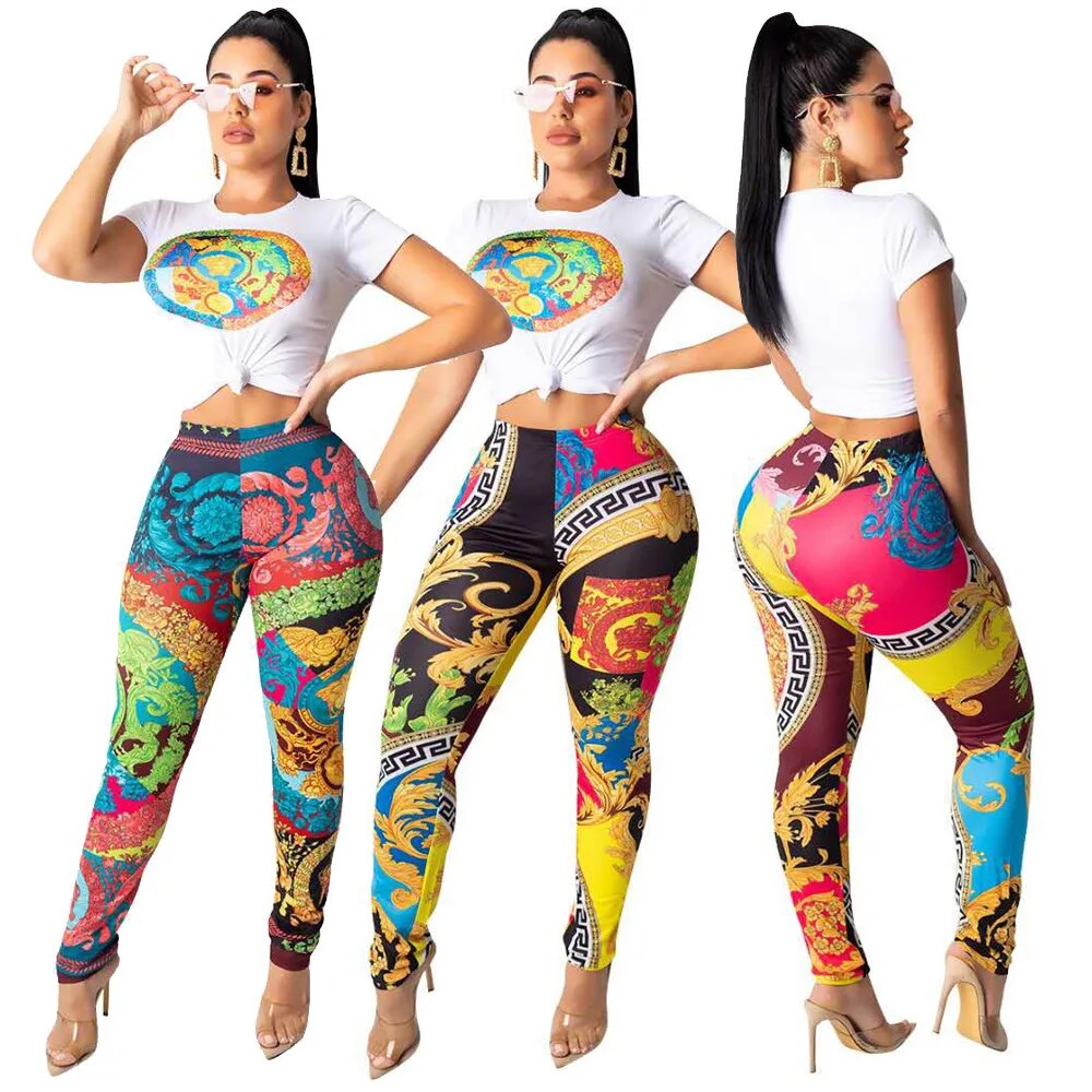 Summer Synchrony Set: Women's Printed Short-Sleeved T-shirt and Fashionable Casual Pants Ensemble