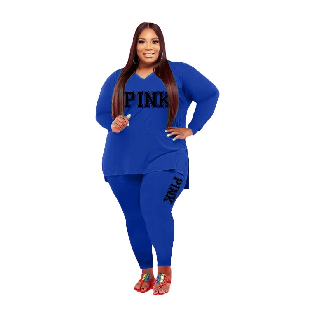 Plus Size Two-Piece Set: Long Sleeve V-Neck Top and Print Pants