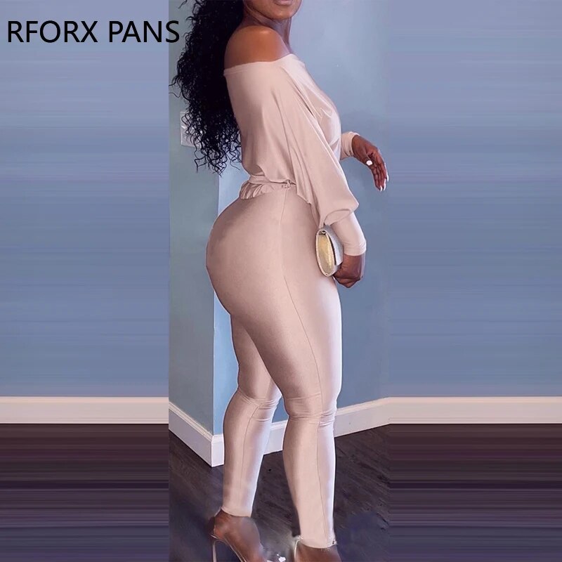 Women Elegant Off Shoulder Long Sleeves Solid Bodycon Skinny Leg with Belt Jumpsuit