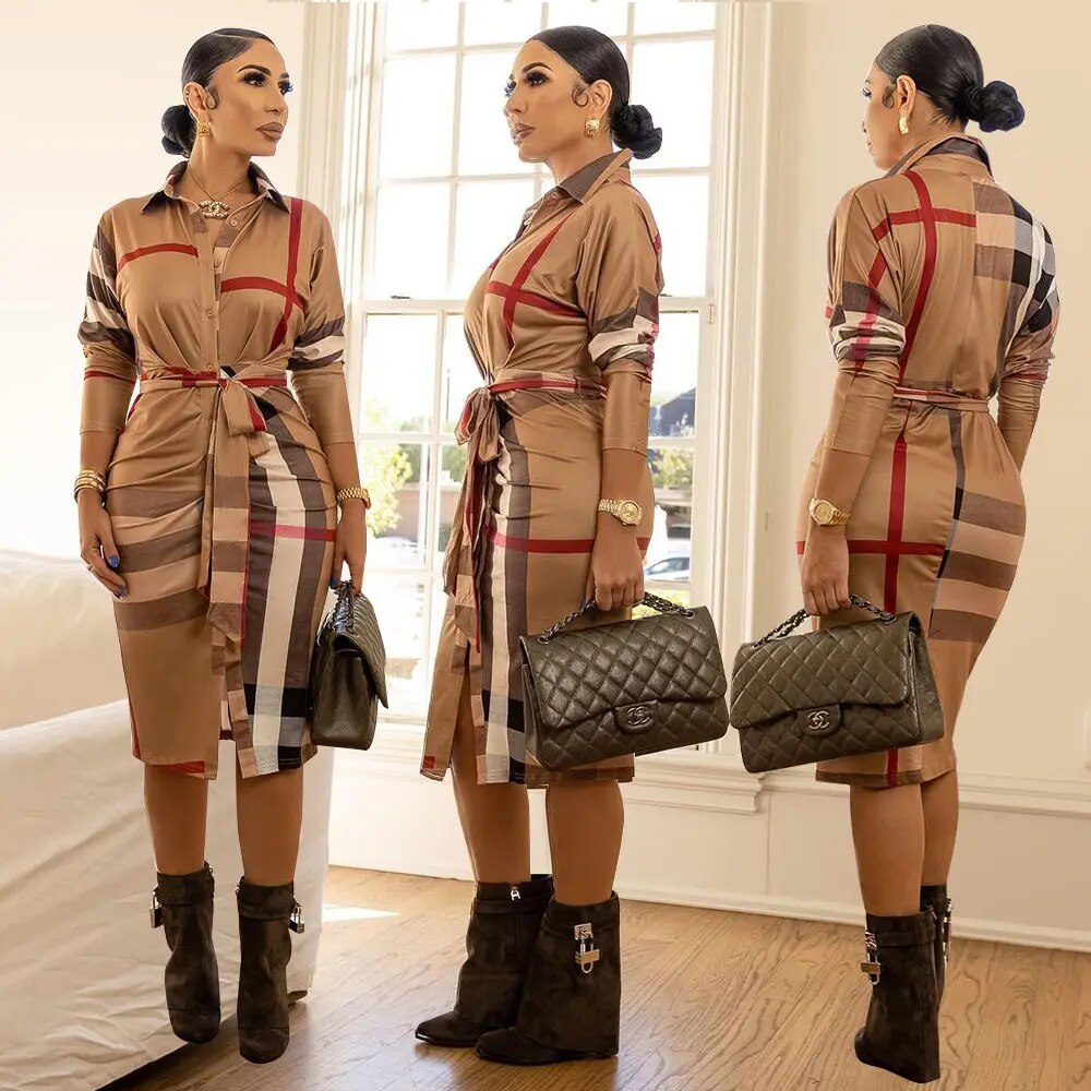 Plaid Perfection Midi: Summer Fashion Turn-Down Collar Shirt Dress with Belt, Long Sleeve Elegance for Office Chic