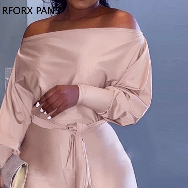 Women Elegant Off Shoulder Long Sleeves Solid Bodycon Skinny Leg with Belt Jumpsuit