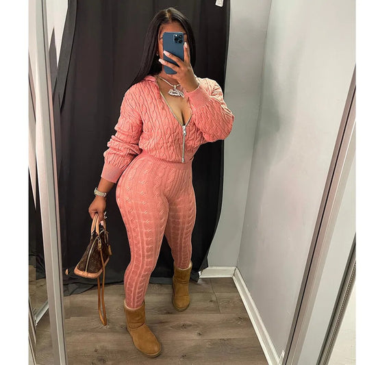 Two-Piece Autumn Knit Sweater Set for Women: Solid Color Tracksuit with Stretch