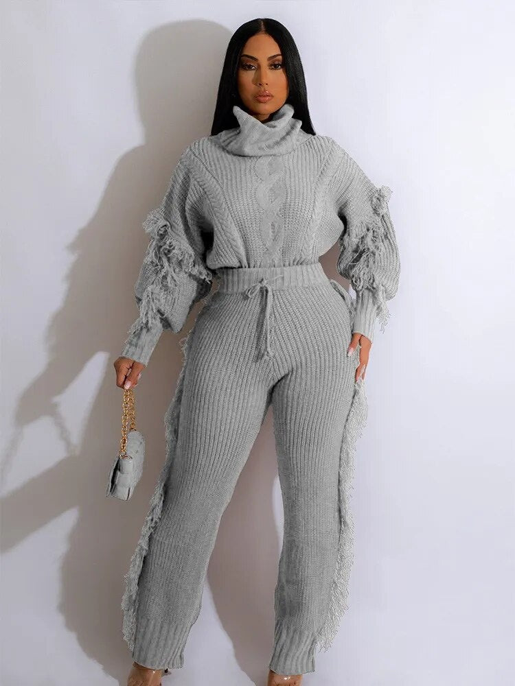 Tassel Knit 2-Piece: Puff Sleeve Sweater & Pants Set for Elegant Warmth.