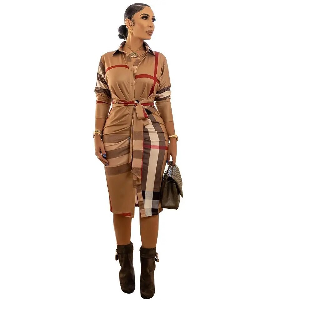 Plaid Perfection Midi: Summer Fashion Turn-Down Collar Shirt Dress with Belt, Long Sleeve Elegance for Office Chic