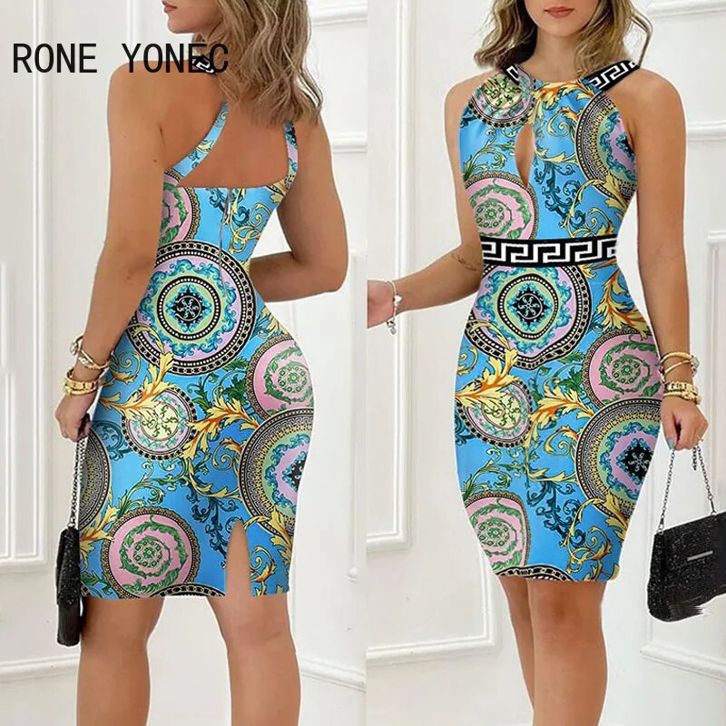 Sultry Silhouette Minidress: Chic Elegance with Sleeveless Halter, All-Over Print, and Sexy Hollow Out Slit for Unforgettable Style