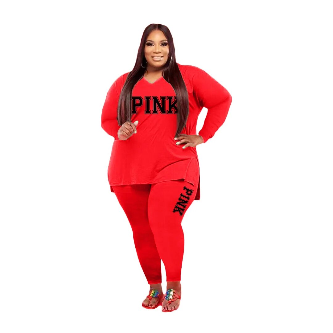 Plus Size Two-Piece Set: Long Sleeve V-Neck Top and Print Pants