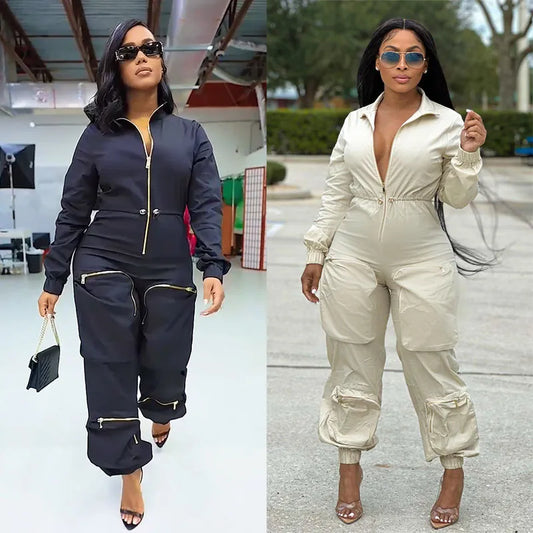 Echoine Casual Long Sleeve Zipper Multiple Pockets Jumpsuit Slim Turn Down Collar Streetwear Cargo Overalls Autumn Rompers