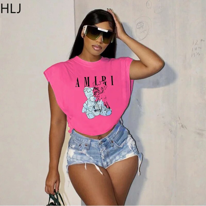 Sunshine Vibes Tee: HLJ Summer Letter Print, Sleeveless Chic with Side Slits for Casual Sporty Glam