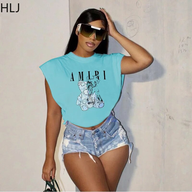 Sunshine Vibes Tee: HLJ Summer Letter Print, Sleeveless Chic with Side Slits for Casual Sporty Glam