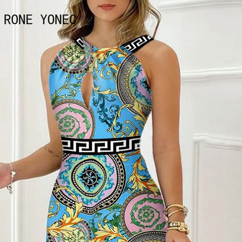 Sultry Silhouette Minidress: Chic Elegance with Sleeveless Halter, All-Over Print, and Sexy Hollow Out Slit for Unforgettable Style