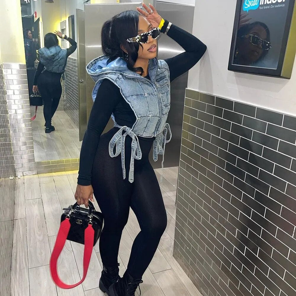 Echoine Winter Sleeveless Side Lace Up Vest Jacket Zipper Denim Hoodies Streetwear Women Clothing Fashion Outwear Crop Top