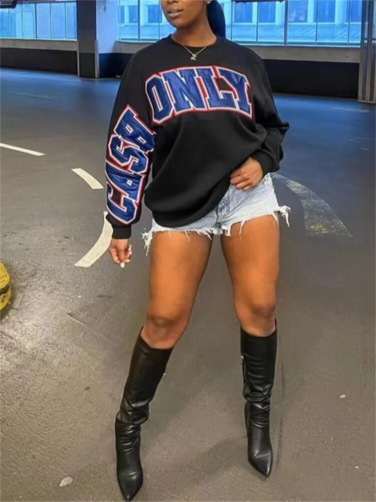 Y2K Streetwear Print Baggy Sweatshirt: Long Sleeve Top in Blue and Pink