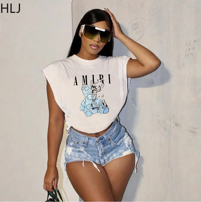 Sunshine Vibes Tee: HLJ Summer Letter Print, Sleeveless Chic with Side Slits for Casual Sporty Glam